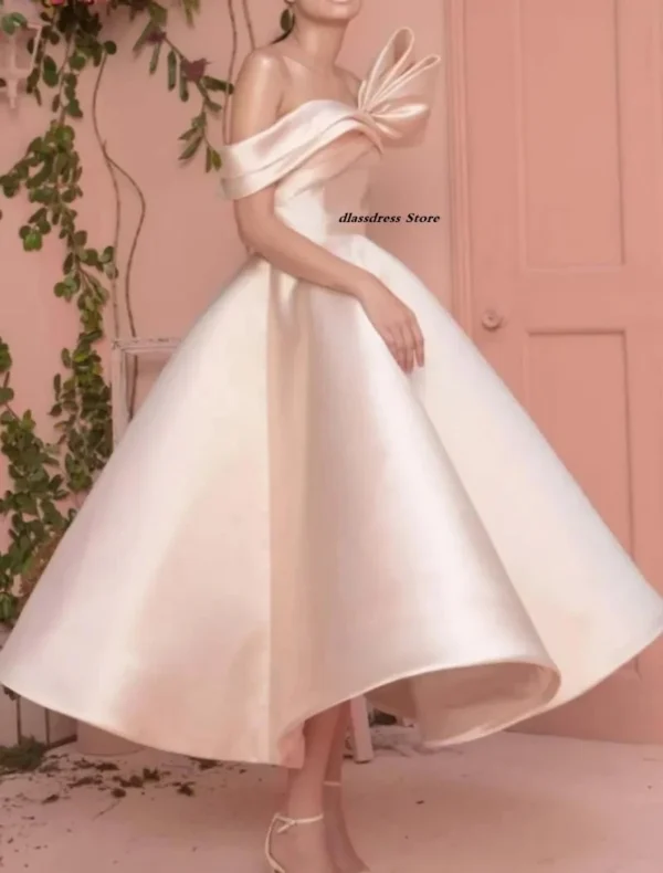 Pink Homecoming Dress One-Shoulder Satin Tea-Length Formal Party Gown