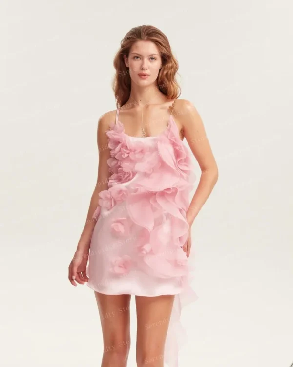 Pink Homecoming Dress: Light Pink Floral Chiffon Mini Party Dress - Image 2