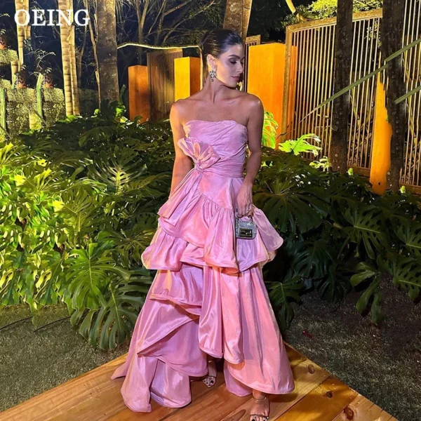 Pink Homecoming Dress: Vintage Strapless Ruffle Long Evening Gown