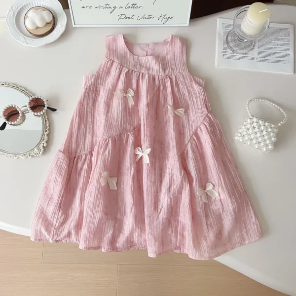 Sleeveless Pink Patchwork Bowknot Dress For 1-8Y Girls Summer Toddler - Image 2