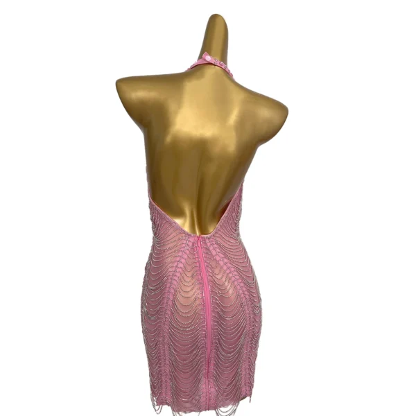 Luxurious Pink Rhinestone Chain Short Dress Backless Prom Gown - Image 4