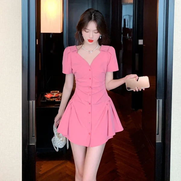 Summer 2025 V-Neck Short Sleeve Folded Waist Shirt Dress for Women - Image 4