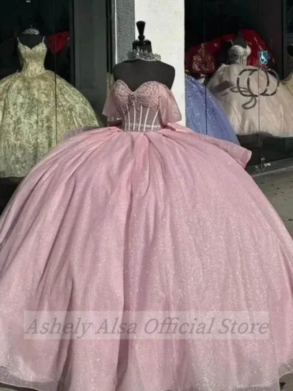 Custom Pink Shiny Off Shoulder Beaded Prom Quinceanera Gown for Girls - Image 3