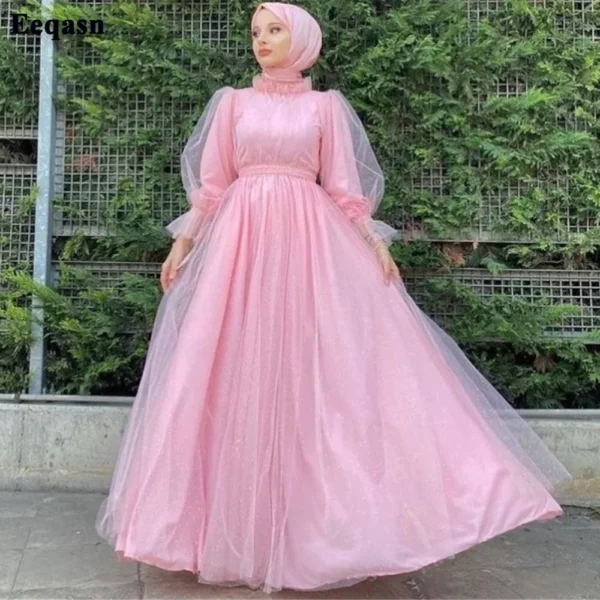 Pink Homecoming Dress: High Neck, Long Sleeve Formal Gown