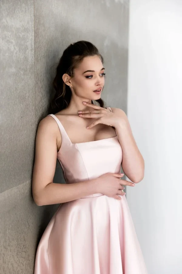 Pink Homecoming Dress: Midi Satin Prom Gown with Pockets - Image 6
