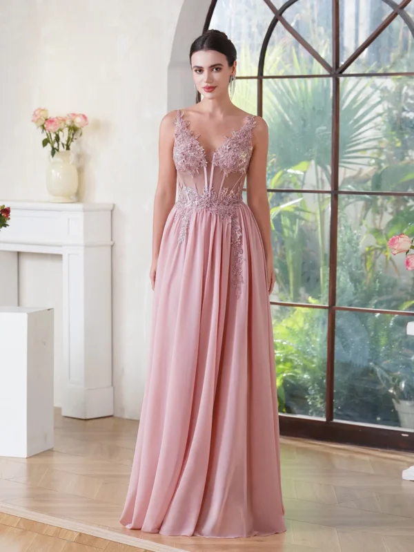 Pink homecoming dress, V-neck beaded appliques spaghetti strap gown - Image 6