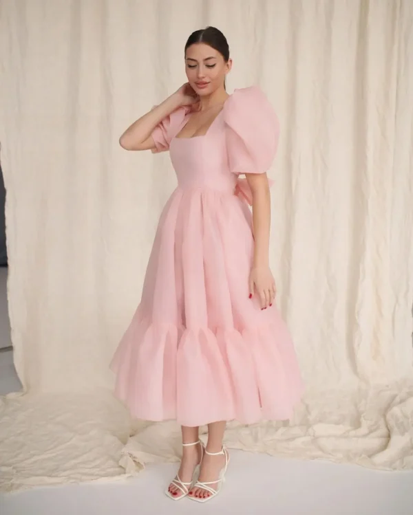 Pink homecoming dress, organza tea-length, puffy sleeves, square neck A-line
