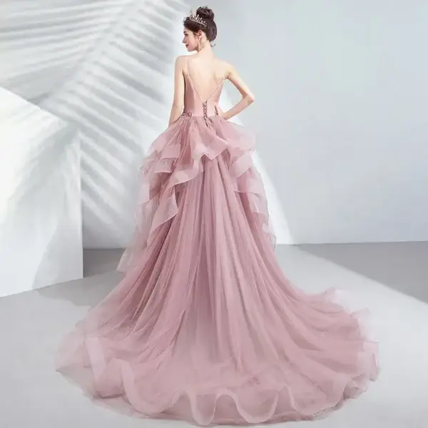 Unique Pink Puffy A-Line Wedding Quinceanera Prom Dress With Ruffles - Image 3