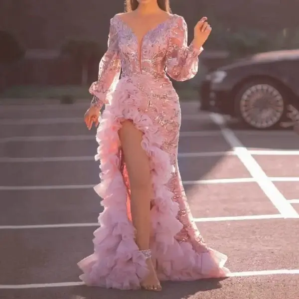 Elegant Pink Maxi Evening Dress V Neck Split Ruffles Party Gown