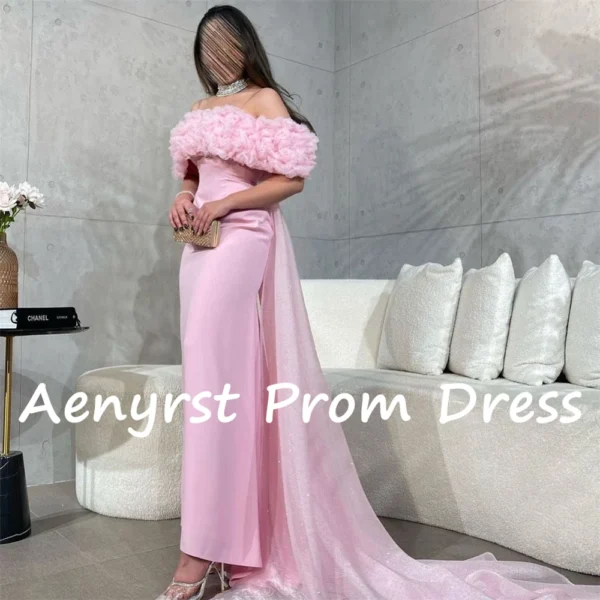 Pink Homecoming Dress Off Shoulder Ruffles Satin Ankle Length Gown - Image 2
