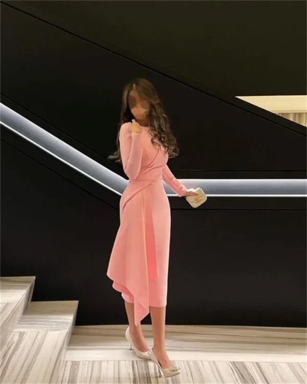Xijun Pink Short Evening Prom Dress Long Sleeve Tea Length Gown - Image 5