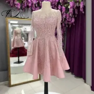 Pink Illusion Neck A-Line Mini Sequin Beaded Short Prom Dress