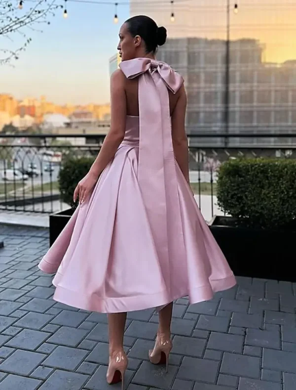 Pink Prom Dress Halter Neck A-Line Satin Tea Length Gown Customized - Image 3