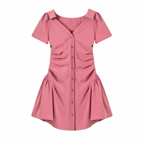 Summer 2025 V-Neck Short Sleeve Folded Waist Shirt Dress for Women - Image 5