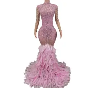 Long Pink Beaded See-Through Feather Tail Luxury Evening Dress