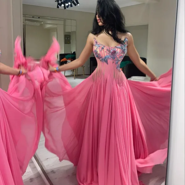 Customized Pink Scoop Neck A-Line Sleeveless Beaded Evening Gown