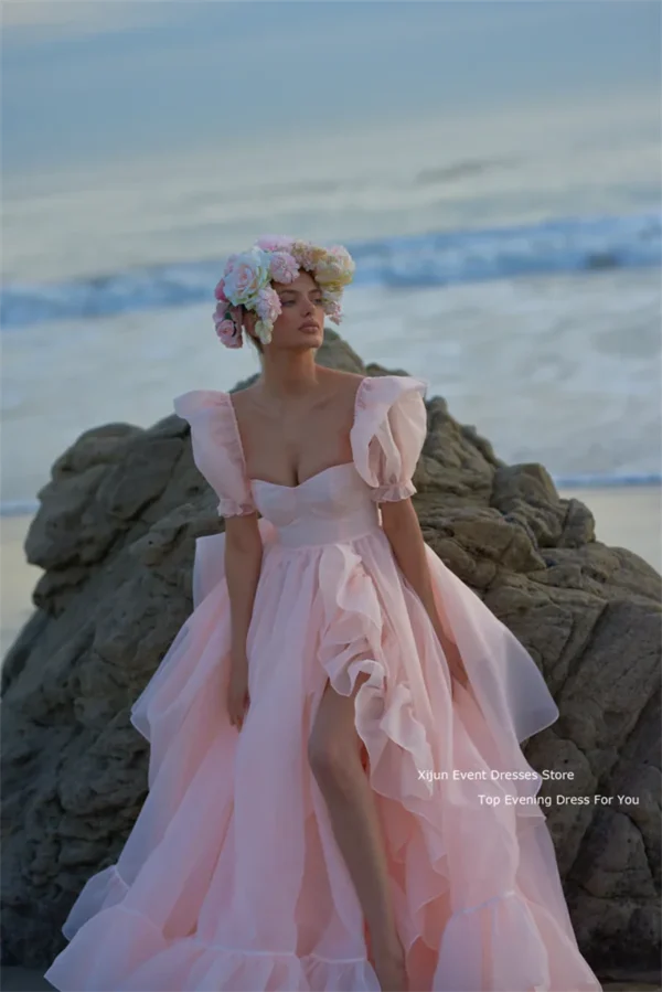Pink homecoming dress with short puff sleeves, ruffles, and slit - Image 2