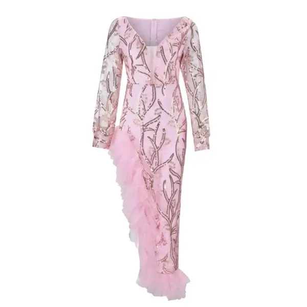 Elegant Pink Maxi Evening Dress V Neck Split Ruffles Party Gown - Image 3