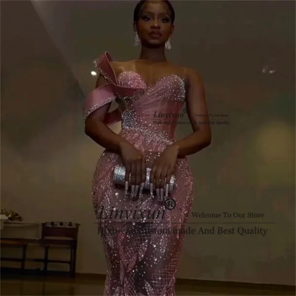 Sparkly Sequin Mermaid Off Shoulder Pink Prom Evening Gown Dress