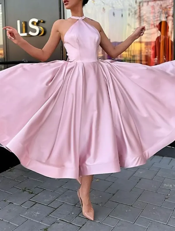 Pink Prom Dress Halter Neck A-Line Satin Tea Length Gown Customized - Image 2