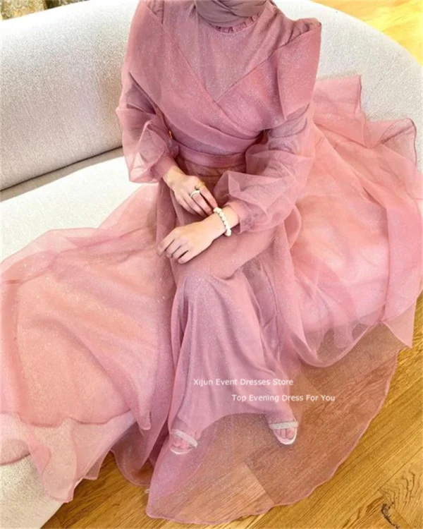 Pink Homecoming Dress Tulle Moroccan Kaftan Evening Dubai Party Gown - Image 4