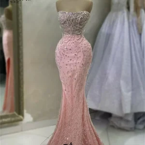 Elegant Silver Tassel Beaded Mermaid Pink Backless Prom Dress Formal