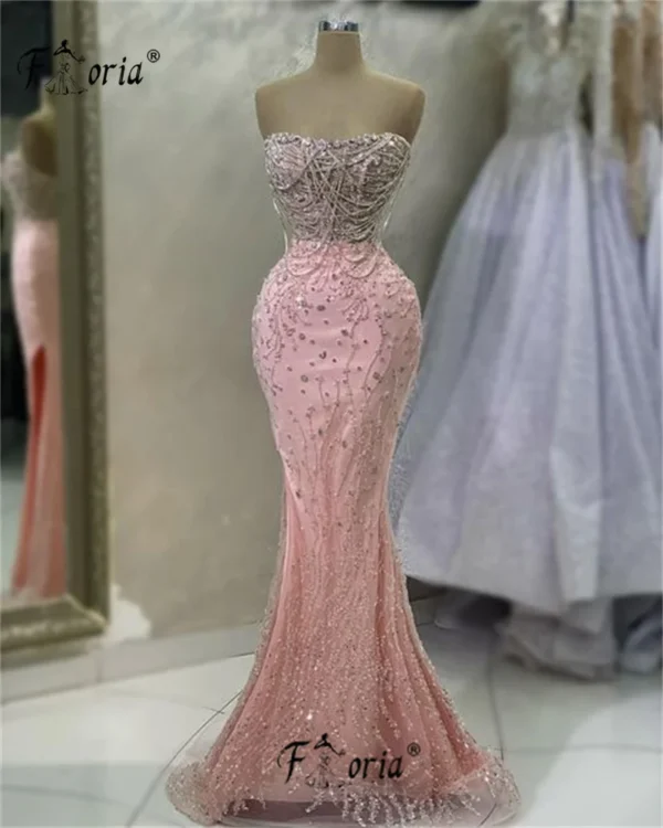 Elegant Silver Tassel Beaded Mermaid Pink Backless Prom Dress Formal
