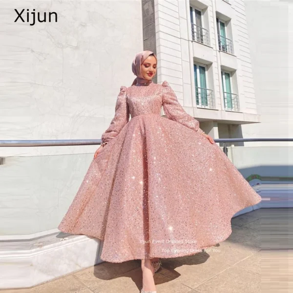 Pink Homecoming Dress Glitter Sequined Ankle-Length Modest A-Line Party Gown