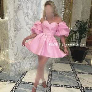 Puff Sleeve Pink Satin Sweetheart Neck Short Prom Homecoming Dresses