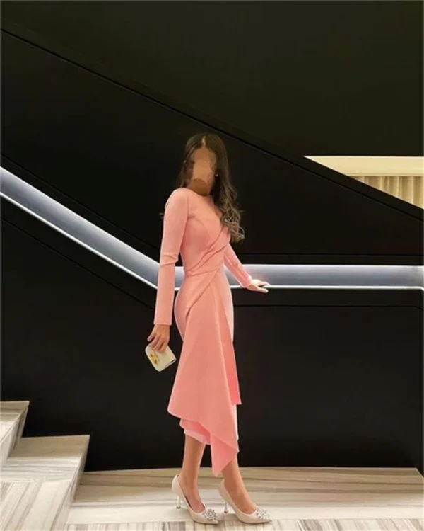 Xijun Pink Short Evening Prom Dress Long Sleeve Tea Length Gown - Image 4