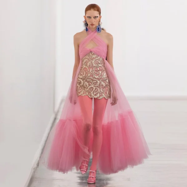 Pink Homecoming Dress: Sexy High-Low Lace & Tulle Gown