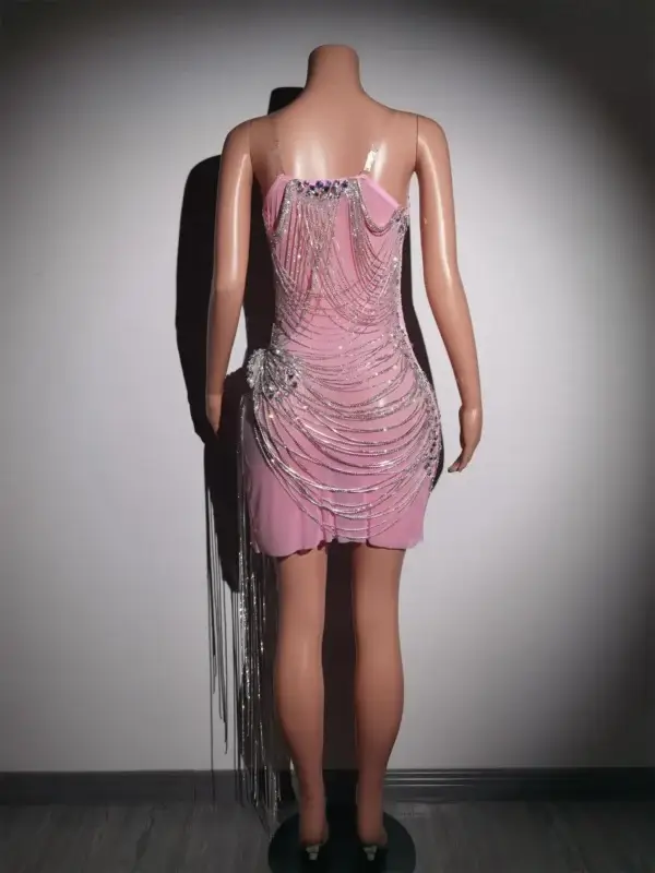 Rhinestone Crystal Fringe Pink Party Dress Sexy Prom Stage Costume - Image 3