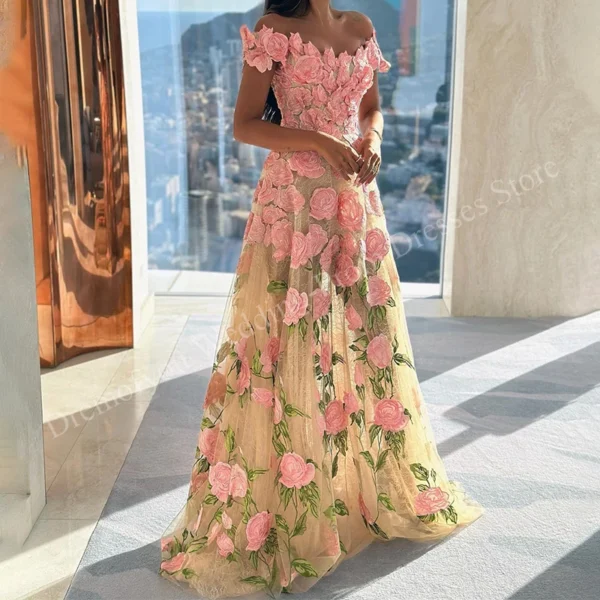 3D Pink Flowers Tulle A-Line Backless Prom Dress Floor-Length Elegant - Image 2