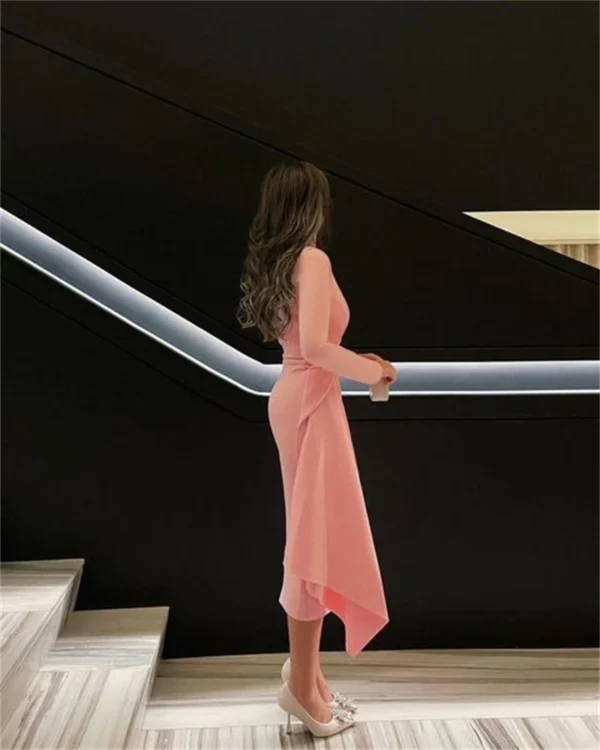 Xijun Pink Short Evening Prom Dress Long Sleeve Tea Length Gown - Image 2