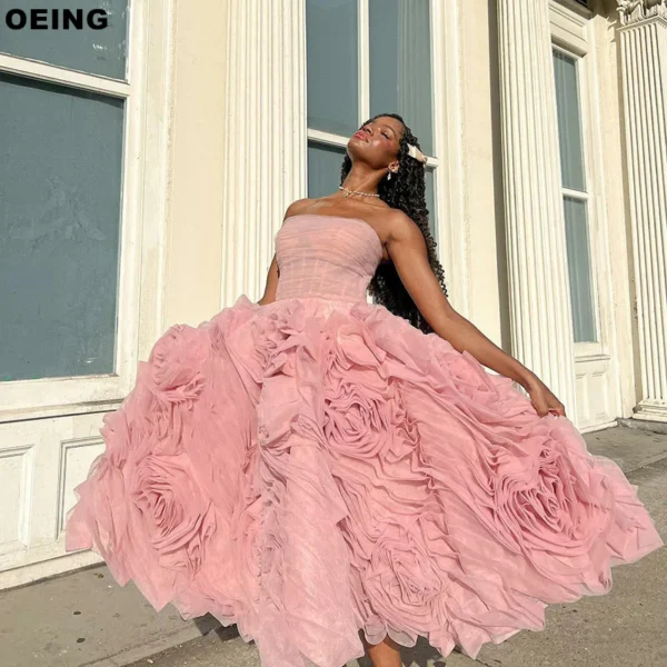 Pink A-Line Prom Dress Tulle Flowers Tiered Evening Gown Customized