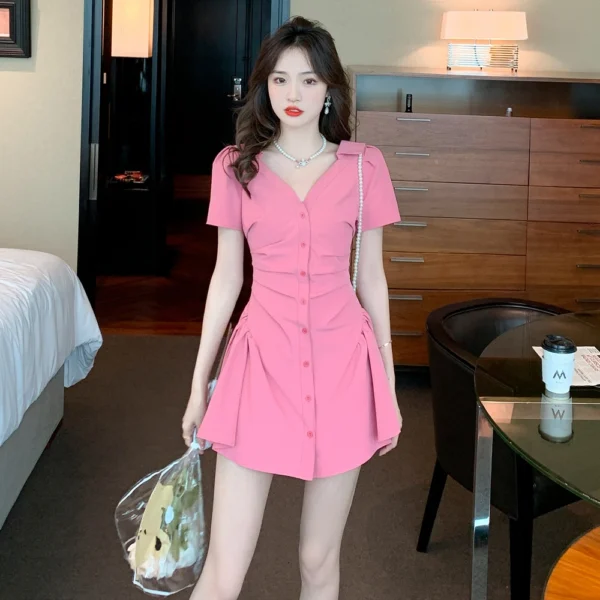 Summer 2025 V-Neck Short Sleeve Folded Waist Shirt Dress for Women - Image 2
