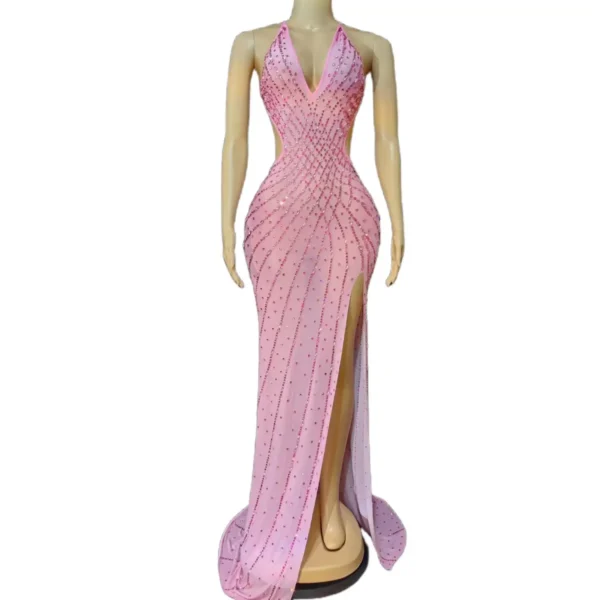 Flashing Pink Rhinestone Backless Dress Long Train Party Outfit