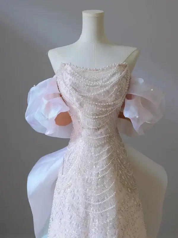 Light Pink Strapless Beaded Bow Sequin Shiny Evening Prom Dress - Image 2