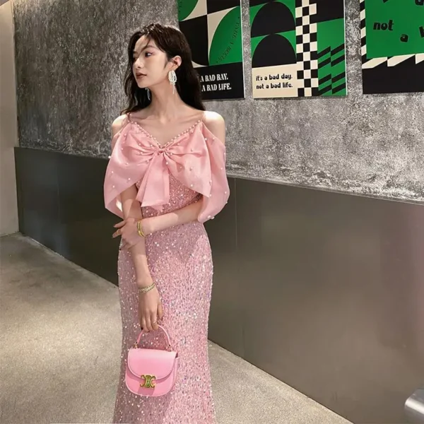 Pink Fishtail Evening Dress Luxury Style For Graduation Ceremony - Image 3