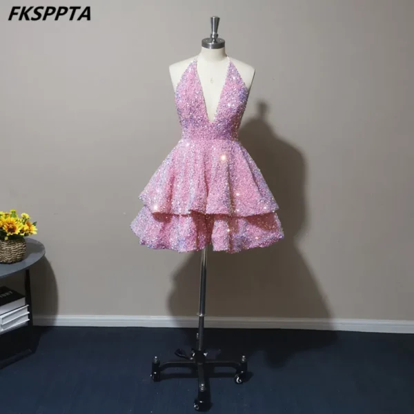 Pink Homecoming Dress: Backless Sequin Tiered Skirt Party Gown
