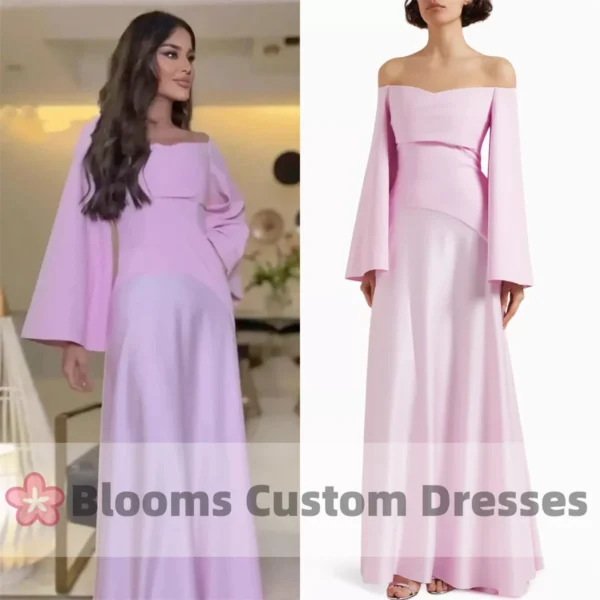 Pink Homecoming Dress Off Shoulder Long Sleeve Evening Party Gown