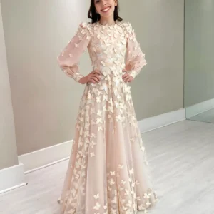 Glamorous Pink Lace Applique A-Line Long Sleeve Prom Dress Gown