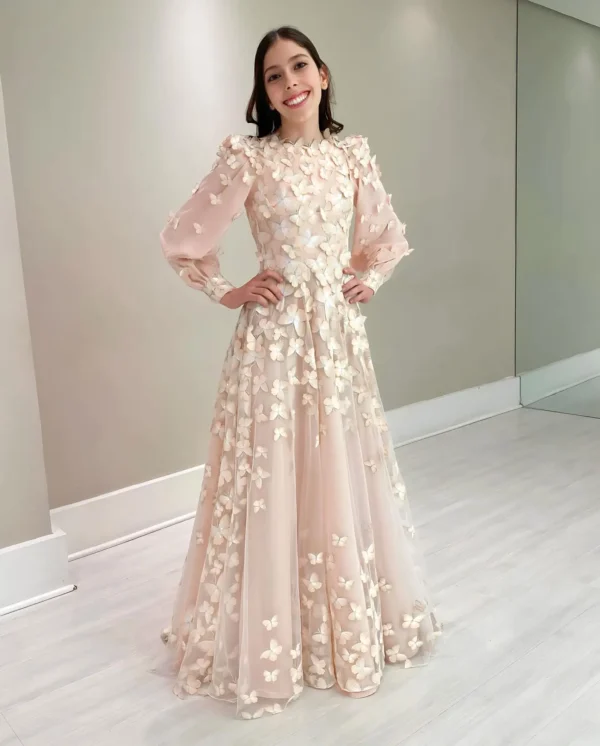 Glamorous Pink Lace Applique A-Line Long Sleeve Prom Dress Gown