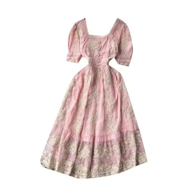 French Vintage Pink Lace Embroidery Slim Waist Summer Princess Dress - Image 6