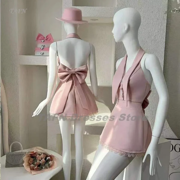 Pink Homecoming Dress V-Neck Sleeveless A-Line Big Bow Gown Customized