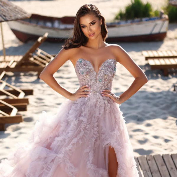 Pink homecoming dress with sweetheart neckline, beading, and split design - Image 3