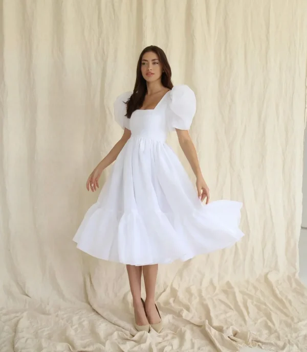 Pink homecoming dress, organza tea-length, puffy sleeves, square neck A-line - Image 5