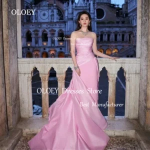 Pleats Satin Pink Strapless Tea Length Evening Dress with Long Train