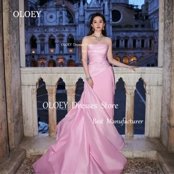 Pleats Satin Pink Strapless Tea Length Evening Dress with Long Train