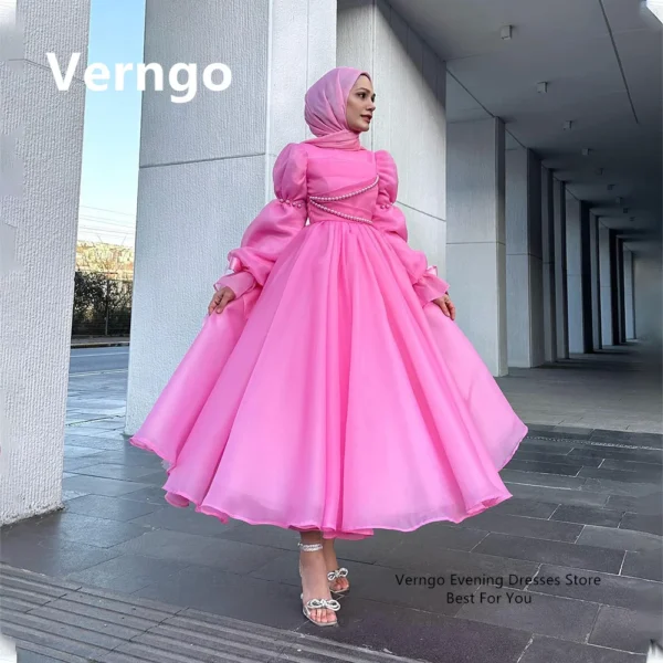 Verngo Pink Organza Prom Gown High Neck Full Sleeves Evening Dress